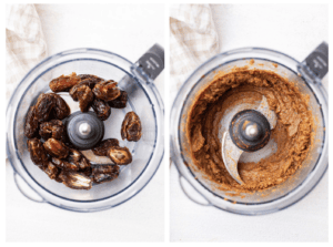 Dates in a food processor bowl shown whole and shown processed into a caramel consistency.